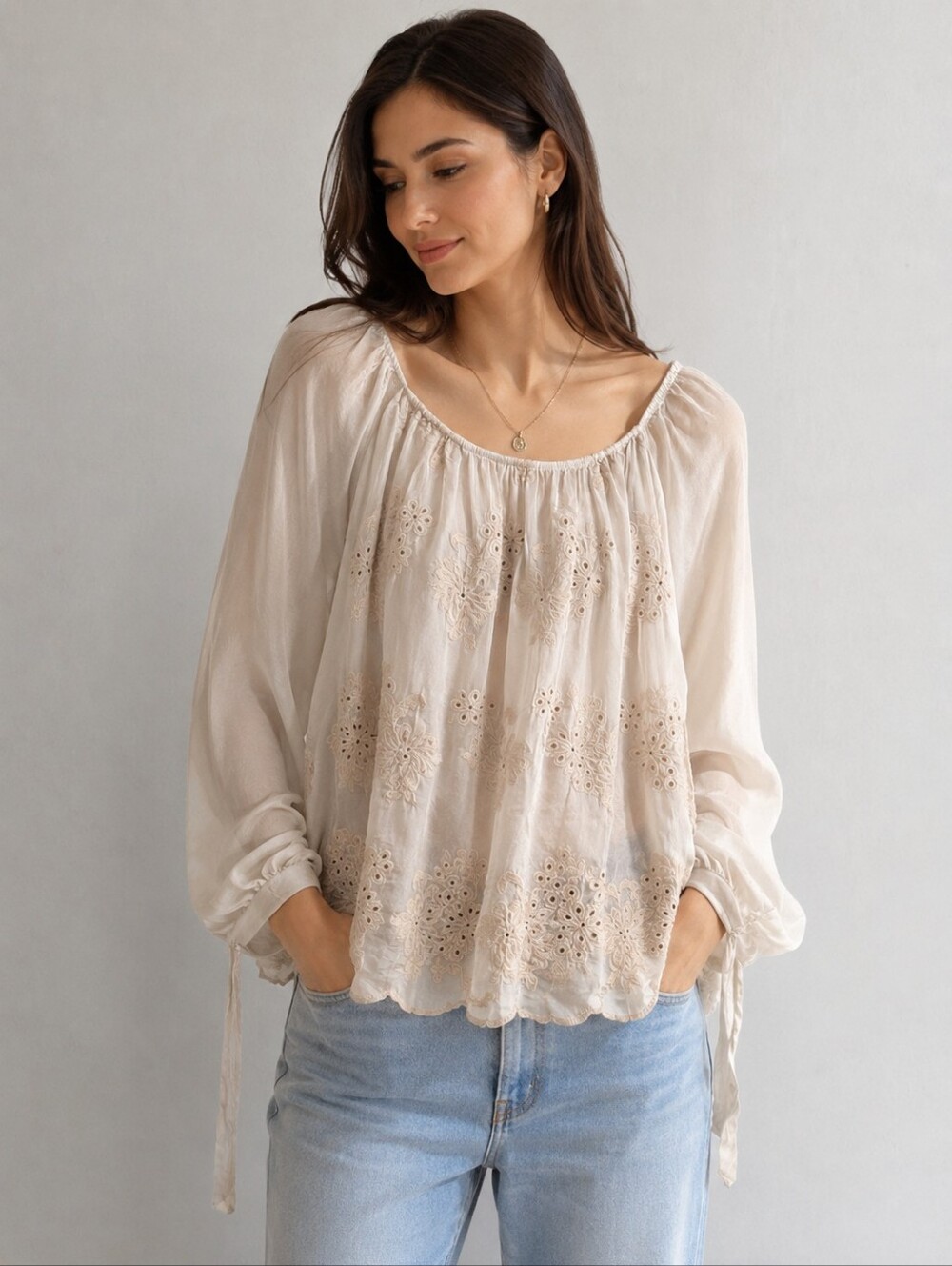 Viola Borghi Silk Blend Embroidered Peasant Blouse Off Shoulder Beige Size M Ita